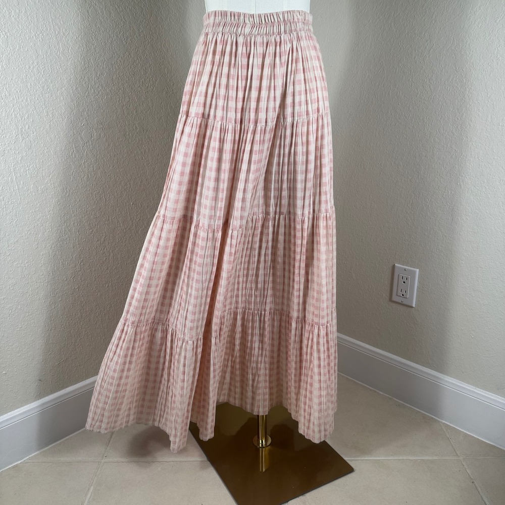 VTG On The Verge Maxi Skirt Women M Pink Gingham Tiered Boho Cottagecore Picnic